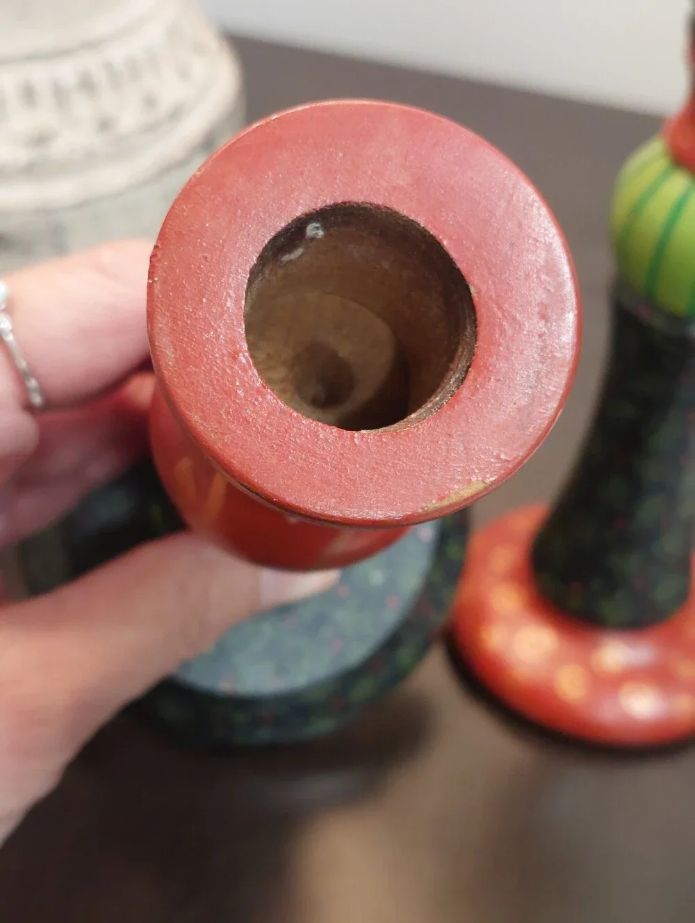 Folk Art Pair of Vintage Hand Painted Wooden Pillar Candle Holders 7